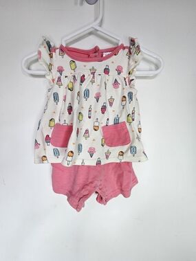 Minimi Baby Girl Ice Cream Print Romper 9M Pink Ruffle Sleeves🩷